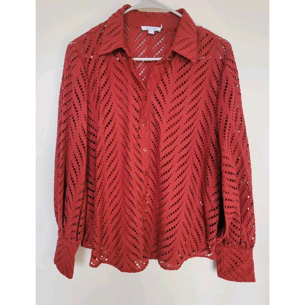 Chicos Womens Burnt Orange Poplin Cutwork Button Up Shirt Size 1 Medium